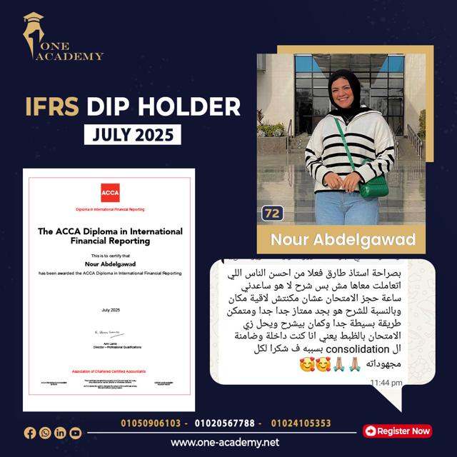 Nour Abdelgawad – 72% – ACCA DipIFR June 2025 – ONE Academy